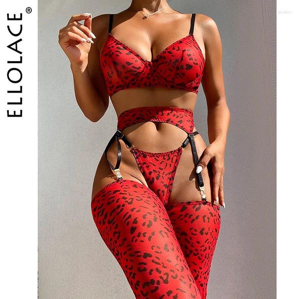 Sets Sets Ellolace Leopard Lingerie for Women Lace de ropa interior con medias 4 piezas tangas eróticas Garter
