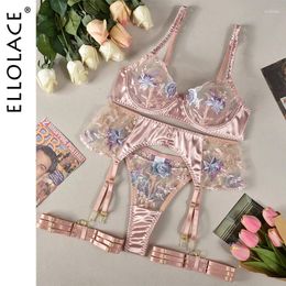 Bras sets ellolace Sensual Women Lingerie Fancy Floral Sheen Silk Underwear Transparent Garter Exotic Fairy Luxury Intime Goods