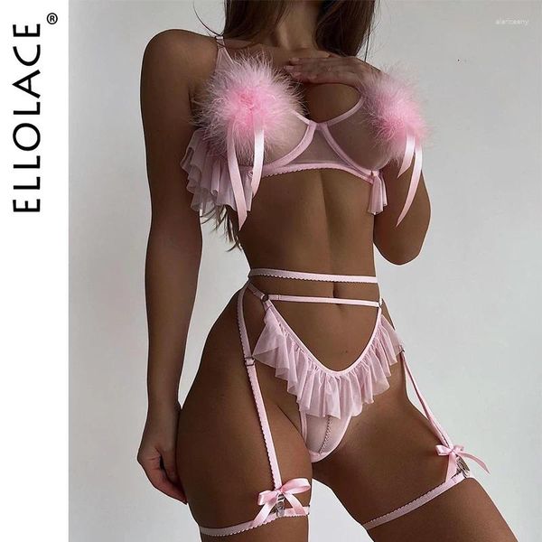 Soutien-gorge Ensembles Ellolace Sexy Plume Lingerie Light Pink Ruffle Hollow Thongs Sissy Tenues Érotiques Ensemble Sans Couture Femme 3 Pièces Fée Intime