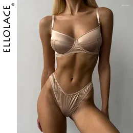 Soutien-gorge Ensembles Ellolace Sous-vêtements en soie Lingerie sexy pour femmes fines Soutien-gorge sans couture Ensemble Désir Fille Bilizna Costume Érotique Intime Champagne