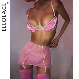 Behas stelt Ellolace Velvet Rhinestone Lingerie Bra Kit Push Up Underwear Fancy Delicate Exotic Fairy Pink Intimate Beautify Outfit