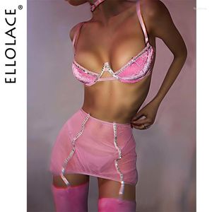 Conjuntos de sujetadores Ellolace Velvet Rhinestone Lencería Bra Kit Push Up Ropa interior Fancy Delicate Exotic Fairy Pink Intimate Beautiful Outfit