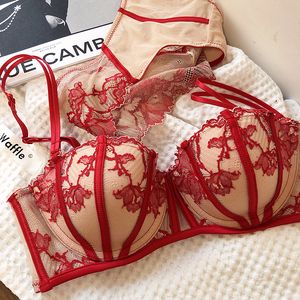 Bras sets geborduurd sexy kanten lingerie zacht stalen ring dunne half-cup bralette big size ondergoed ondergoed pakken bas vrouwen push up lingerie panty 230427