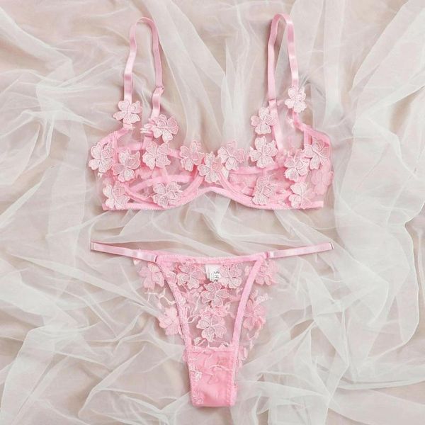 Conjuntos de sujetadores Bordado Lencería erótica Disfraces sexy Perspectiva floral Sujetador de encaje G-String Ropa interior de mujer Conjunto Ropa porno