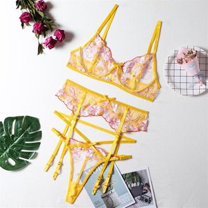 Soutien-gorge Ensembles Lingerie Érotique Sexy Broderie Sous-Vêtements En Dentelle Ensemble Femmes Soutien-Gorge Et String Jarretières Jaune Push Up Brief Women's2558