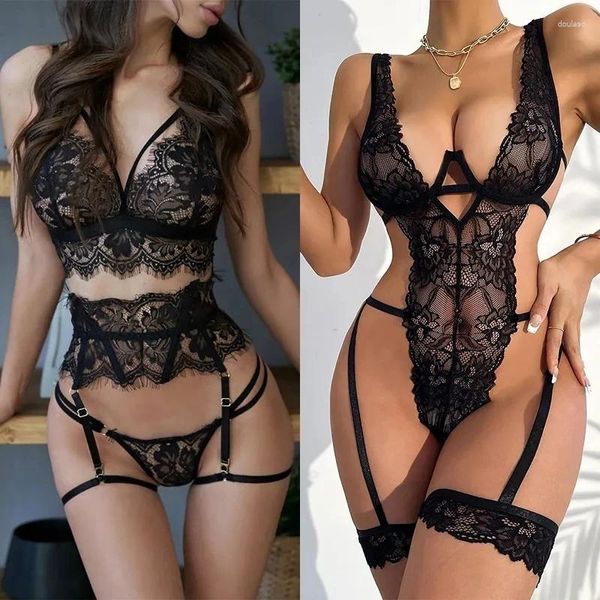 Conjuntos de sujetadores Erótico Lencería transparente Body Mujeres Sexy Ropa interior Set Tentación femenina Lenceria BabyDoll Disfraces