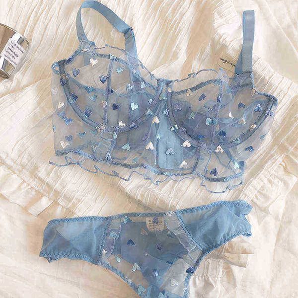 Soutiens-gorge Ensembles Fantaisie bleu broderie amour maille transparente lingerie sexy culotte demi-tasse froncé ensemble de sous-vêtements transparent string soutien-gorge T220907