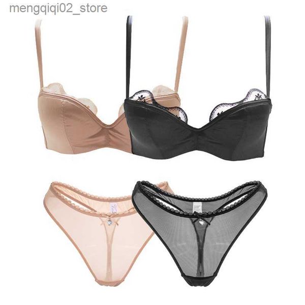 Conjuntos de sujetadores Moda Satin Lace Bra y Tanga Conjuntos para mujeres Lencería sexy Tallas grandes con aros Sujetadores de algodón fino Ropa interior Conjunto de bragas de malla Q230922