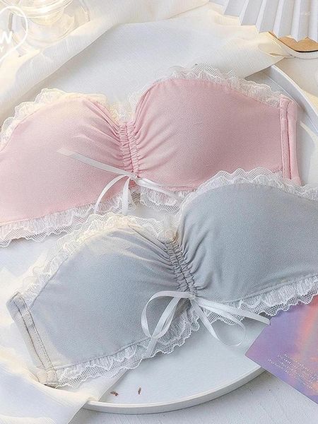 Soutien-gorge Ensembles Mode Femmes Gris Rose Sexy Lingerie Bow Bralette Coton Culotte Bretelles Croisées Push Up Soutien-Gorge Sans Fil Sous-Vêtements