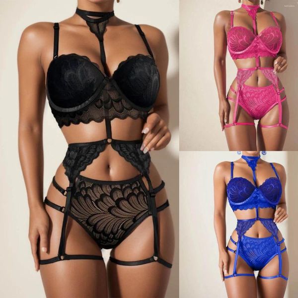 Sets Sets Femenino de ropa interior sexy para mujeres Naughty Lace Sleepwear anillo de acero Pajamas Garter Lenceria Femenina