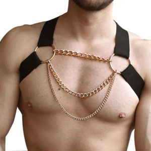 Bras set Fetish Black Pu Leather Sissy Lingerie Auto réglable Hommes BDSM Bodage Bodage Gay pour mâle Usure Exotic Metal Gold Chains 270y