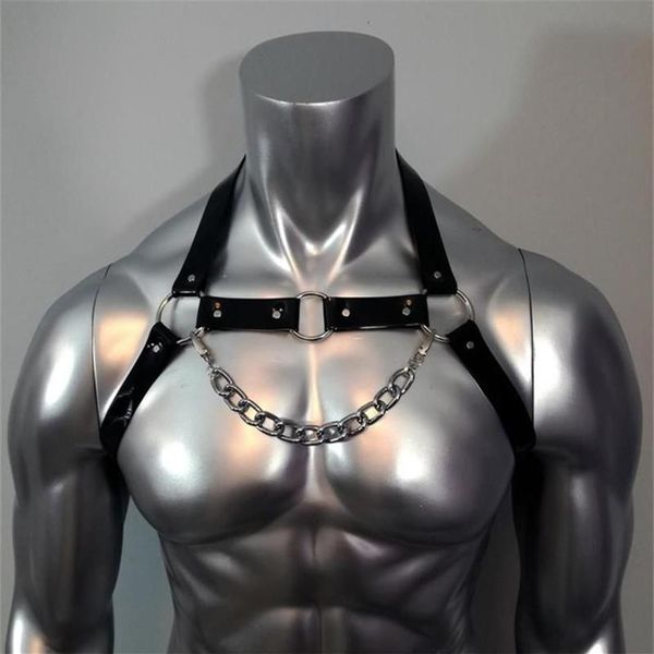 Conjuntos de sujetadores Fetiche Hombres Sexual Pecho Arnés de cuero Cinturones Ajustables BDSM Gay Cuerpo Bondage Correa Rave Ropa para adultos Sex2982