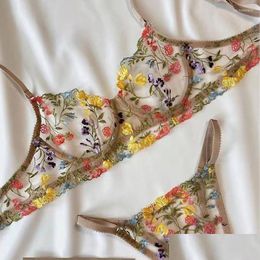 Beha's stelt bloemen borduurwerk kanten lingerie vrouwen pure mesh 2-delige set erotische panty colorf slings verzamelen ondergoed ondergoed drop levering dhwfk