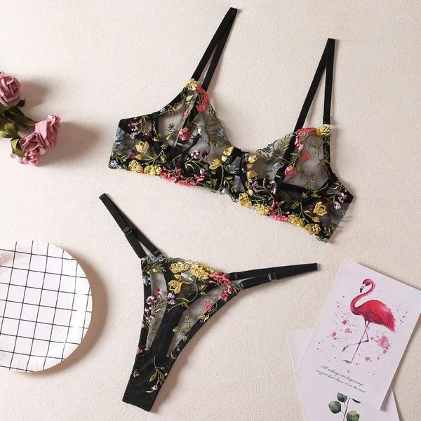 Conjuntos de sujetadores Conjunto de lencería con bordado floral Mujeres Sheer 2 piezas Boho Bra Panty Ropa interior Íntimos