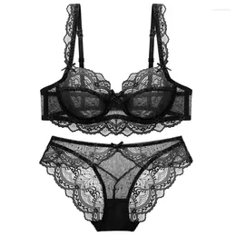 Bh Sets Franse Kant Lingerie Bh Set Voor Vrouwen Spons Gratis Top Zoete Dunne Katoenen 3/4 Cup Vrouwelijke Transparante Korte