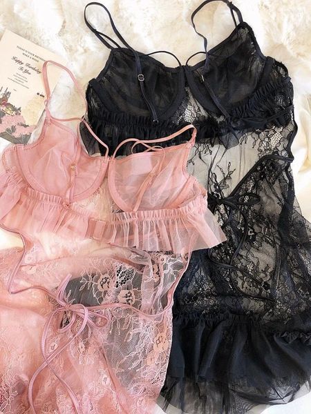 Bras set French Sexy Sexy One Piece Transparent Lace Bra Bodys de suspension mince Body Sleepy Sleeping Pure Diry Slim Short With Thong