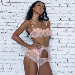 Beha's stelt Franse dames kant 3 stcs lingerie ondergoed bloemen gaas kijken door ultra dunne beha en panty met kousenband sexy bralette set 221010