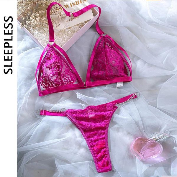 Les soutiens-gorge à lacette complète du soutien-gorge sexy lingerie halter bralette métal poule de chaîne à trois points de sous-vêtements intimes ultra minces femmes