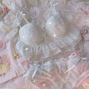 Bras stelt Girly Princess Underwear Lace geen stalen ring schattige micro verzameling beha set boog bloemen buis top zoete lingerie met underpants t220907