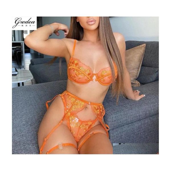 Ensembles de soutiens-gorge Gredea Womens Bra Set Thin Lace Broderie Seethrough Sexy Lingerie Orange Temptation Erotic Underwear Jarretière Leg Loop Dro Ot6Ki