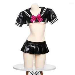 Bras sets guuoat anime girl cosplay uniformes étudiants en arrière creux en cuir breveté noir fleur de poitrine séduisante lingerie sexy robe