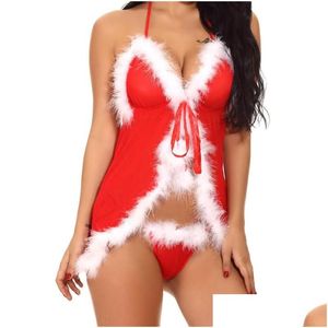 Bras Sets Ishine Christmas Womens Lingerie Sexy Lingerie Robe rouge avec dentelle Feather Halloween Set Set Drop Livilar Apparel DHIY9