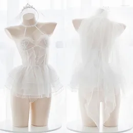 Conjuntos de sujetadores Conjunto de ropa interior transparente de encaje de ballet de ángel japonés sexy lolita cospaly vestido corto de boda malla lencería blanca