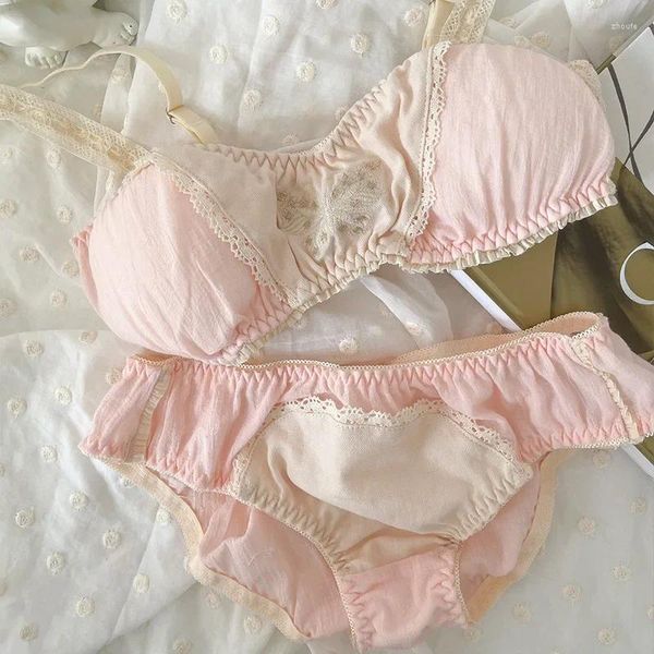 Bras Sets Bra japonais ensemble rétro respirant coton lolita fille étudiante sous-vêtements papillon broderie en dentelle douce petite bralette fine fine