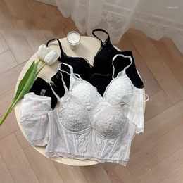 Bras Sets Japanese Girl Fashion Floral Lace Vest Bra and Panty Set Robe Blanc Black Black Grey Lingerie Couptret Intimates Thin Sexy