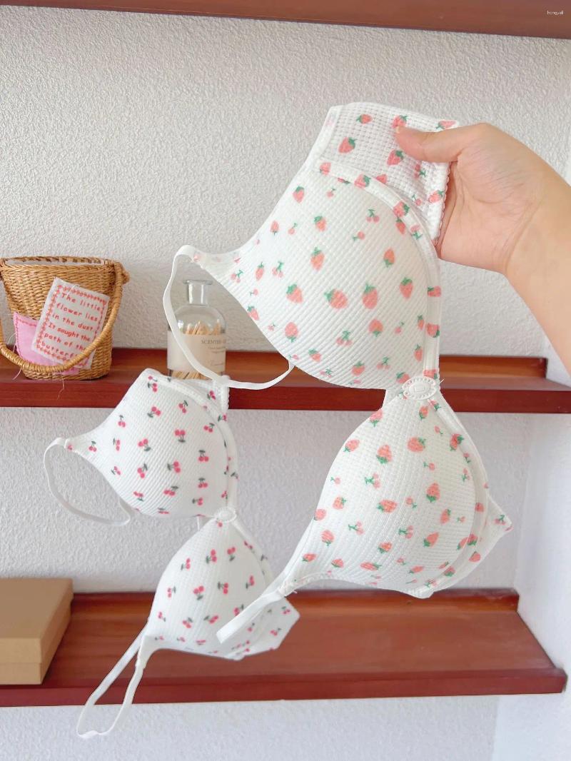 Bras Set Japanese Girls Cute Cherry Print Underwear Female Non-stål Ring underkläder samlade främre spännebh