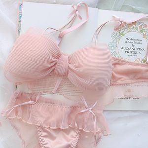 Beha's stelt Japanse lolita -meisjes vouwen buiging mooie ondergoed set gaas zoete randloze bh comfortabele schattige bralette