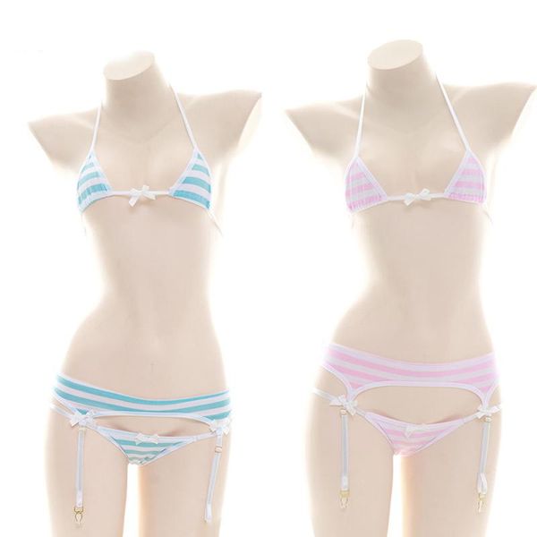 Conjuntos de sujetadores, lencería Sexy japonesa para mujer, Lolita Kawaii, minibikini a rayas azul, rosa y blanco, disfraces de Cosplay para adultos, conjunto de ropa interior con sujetador