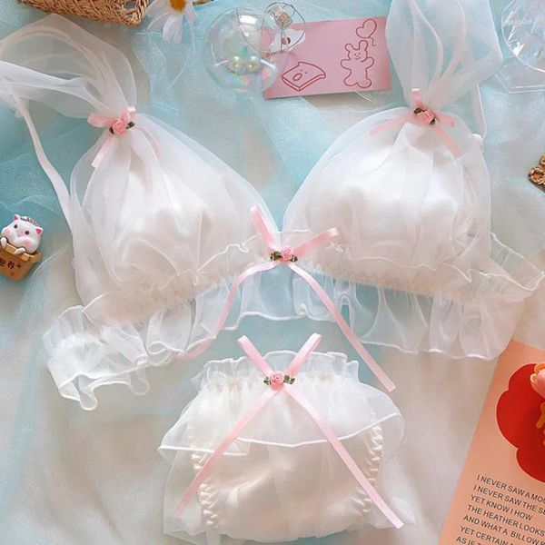 Soutien-gorge ensembles japonais doux fille lingerie école étudiant lolita sous-vêtements maille volants rose arc doux intime fée soutien-gorge et culotte ensemble