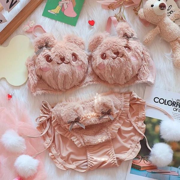 Sistemas de sujetadores japonés invierno lolita lindo peluche sujetador ropa interior oso dibujos animados no acero anillo conjunto calor mujeres gran tamaño lencería calzoncillos