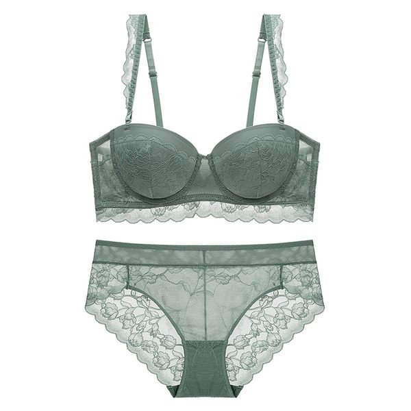 Ensembles de soutiens-gorge soutien-gorge demi-tasse en dentelle avec bretelles amovibles soutien-gorge push-up et culotte ensemble sous-vêtements femmes Lingerie blanc noir vert 230426