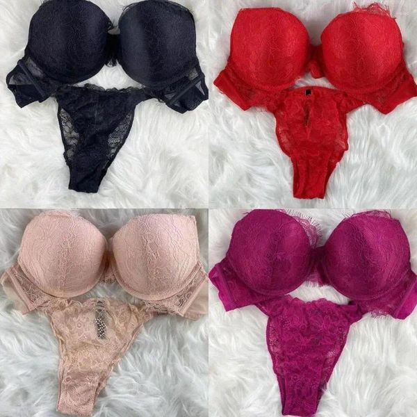 Bras Sets Lace Pink Pink Sexy Women Set Set Retwear Set Rehinestone Comfort Comfort Brasrt Up Brand de talla de talla grande Traje breve lencería sin costura