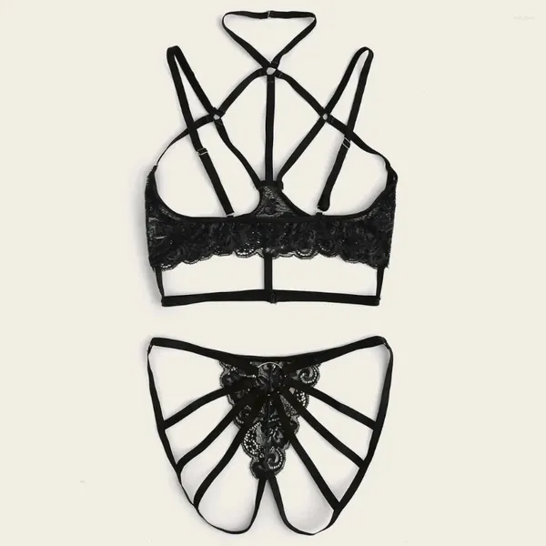 Conjuntos de sujetadores Lace Up Vendaje Entrepierna Conjunto de lencería para mujeres Talla grande Sujetador Ropa interior Negro Hueco Ropa de dormir Sexy Lingerine Outfit