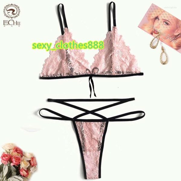 Conjuntos de sujetadores Leechee Conjunto de lencería sexy Mujeres Moda Rosa Suspender de dos piezas Sin respaldo Ropa interior de encaje transparente Bragas Traje de sexo erótico