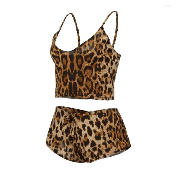 Soutien-gorge Ensembles Léopard Imprimer Sous-vêtements Ensemble Plus Taille Sexy Lingerie Femmes Vêtements De Nuit Spaghetti Sangle Crop Top Et Shorts Lenceria Femenina