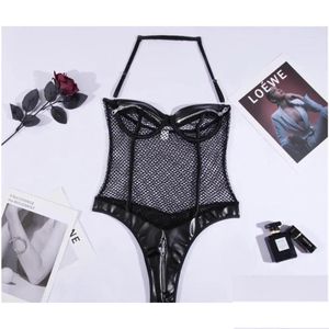 Conjuntos de sujetadores Leosoxs Malla negra Ropa interior sexy porno Pu Cuero Halter Lencería erótica Shapewear Estilo Punk Sujetador abierto Cremallera Kit íntimo Dhevw