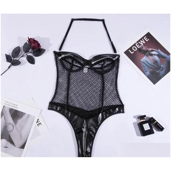 Sistemas de sujetadores leosoxs malla negra sexy porno ropa interior pu cuero halter lencería erótica fajas estilo punk estilo abierto sujetador cremallera kit íntimo otsxc