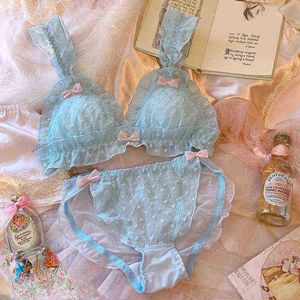 Beha's sets Lingerie Girl Fairy Bowknot Chiffon Dunne stijl Cute No Steel Ring Triangle Cup Bra Set Vrouwen groot formaat Bralette Panty 2pcs T220907