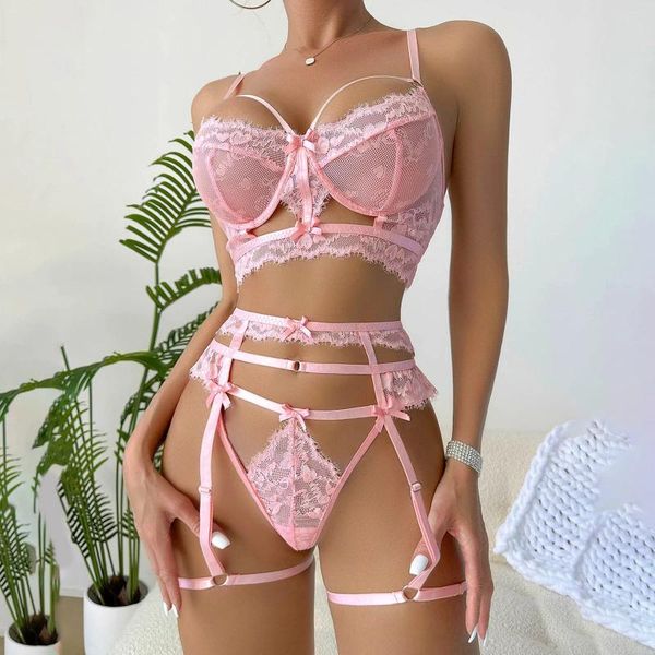 Bras sets lingerie en denterie sous-vêtements érotiques 4 pièces blancs sexy femme transparent saut de soutien-gorge