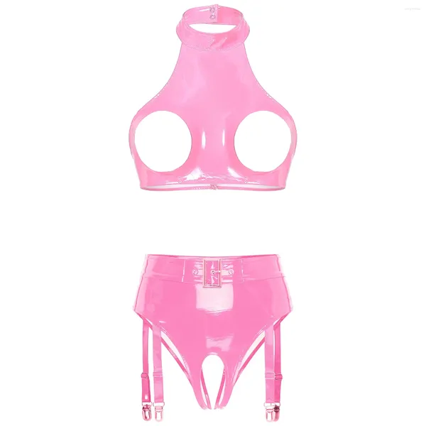 Conjuntos de sujetadores Conjunto de lencería Mujeres Aspecto mojado Traje de fiesta de cuero de PVC Halter Cupless Crop Top Cintura alta Sin entrepierna Bragas de liga Ropa de club nocturno