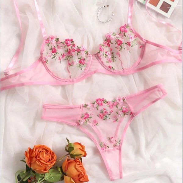 Conjuntos de sujetadores Lencería sexy bordado floral ropa interior transparente encaje piel corta delicada hada mujer sujetador y panty conjunto