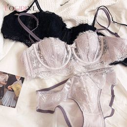 Bras Sets Logirlve Sexy Bra Panties Set Lace Lace Lacerie Transparent Ultra Thin Brassiere broderie B C Cup Bras Bras Brand Women Underwear SetS 230505