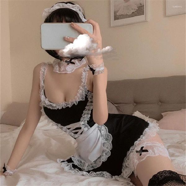 Soutien-gorge Ensembles Lolita Costume Rôle Jouer Sexy Lingerie Ensemble Porno Babydoll Mini Robe Bow Dentelle Sexe Sous-Vêtements Japonais Mignon Maid Cosplay Uniforme