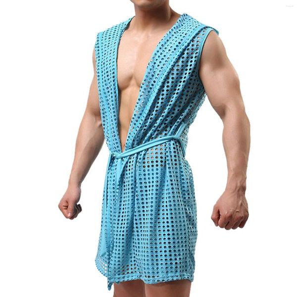 Soutien-gorge Ensembles Hommes Robes en maille Sexy Peignoir de nuit sans manches Sleep Lounge Wear (pas de short) Kimono Lingerie exotique