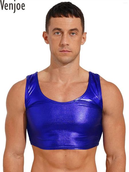 Bras Sets Men Metallic Shiny Scoop Crop Crop Top Top Maneveless Vest Camiseta Slim Fit Tank Dance Rave Rave Party Clubwear