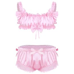 Bh's Sets Heren Sissy Crossdressing Erotische Lingerie Set Satijn Stroken Draad-BH-tops Met Bloemen Kanten Zoom Strik Slips Underwea235l